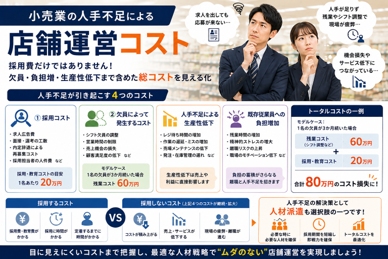 小売業の人手不足コストはどう計算する？採用費・欠員損・人時生産性まで徹底解説